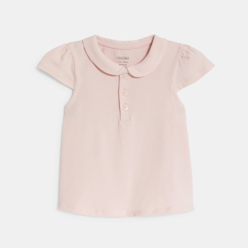 قميص بولو من القطن بياقة مستديرة، باللون الوردي للفتيات الصغيرات.